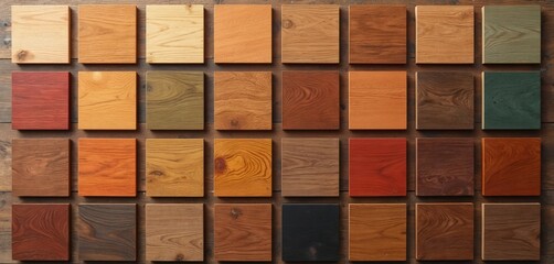 Wood stain color chart diverse options for home improvement. Color palette for DIY projects, home decor, carpentry, interior design. Rustic wooden planks sample colors for house renovation, painting.