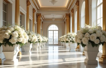 Luxurious hall features white marble floor gold columns. Magnificent white rose floral arrangements in white vases lining hall. Grand architecture, perfect for weddings, events, luxury, palace,