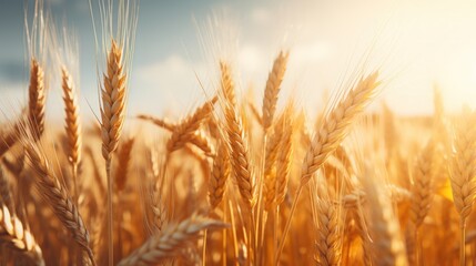Fototapeta premium Field of ripe golden yellow wheat in the blue sky background. Generate AI image