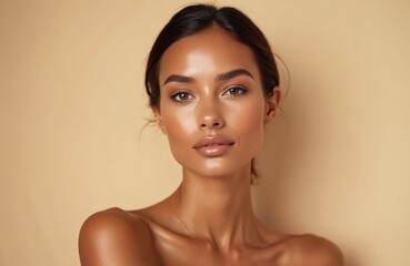 Beautiful tanned model woman after solarium procedure. Close-up portrait in beauty studio. Attractive female with smooth, shiny skin. Healthy body. Professional cosmetic treatment, wellness concept. © Maryna