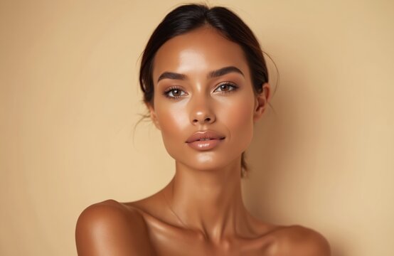 Beautiful tanned model woman after solarium procedure. Close-up portrait in beauty studio. Attractive female with smooth, shiny skin. Healthy body. Professional cosmetic treatment, wellness concept.
