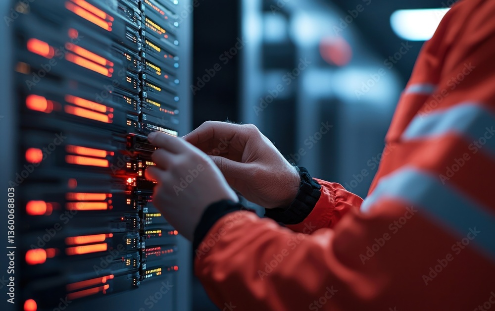 Poster close-up of hands working on a server rack with glowing lights. the person is wearing an orange jack