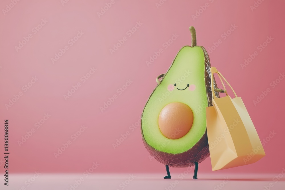 Poster humorous cartoon avocado carries a grocery bag in a playful pastel setting enjoying a whimsical shop