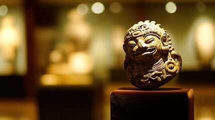 A serene ancient bronze mask, a relic of forgotten emperors, smiles mysteriously in a dimly lit museum display, bathed in warm golden light.