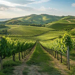 Fototapeta premium Lush Green Vineyard Rows on Rolling Hills Scenic Wine Country Landscape