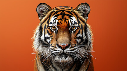 Fototapeta premium Majestic Tiger Portrait with Intense Gaze and Striped Fur Against Vibrant Orange Background for Wildlife Themes
