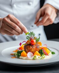 Chef garnishing an elegant gourmet dish.
