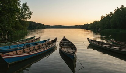 Fototapeta premium Calm lake with wooden rowboats and trees at dusk, golden light.