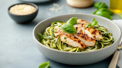 Delicious grilled chicken served over zoodles with pesto sauce in a cozy kitchen setting