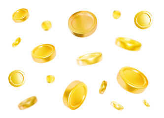 Gold coins falling down isolated on white in different positions with blur effect. Money concept, metal golden coins flying on white background.