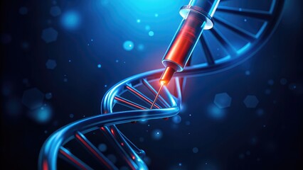 Biotech Investing Healthcare Finance. DNA helix with a syringe, symbolizing genetic engineering and biotechnology advancements.