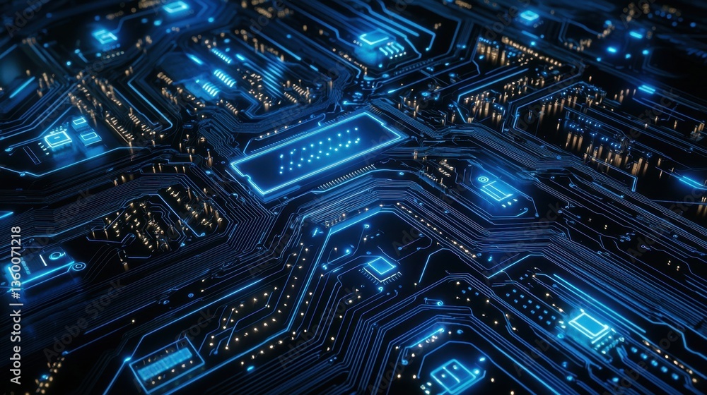 Poster advanced microchip-inspired digital background with complex circuit pathways in electric blue tones.
