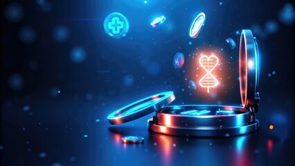 Biotech Investing Healthcare Finance. Futuristic digital elements and symbols glowing in a dark space, suggesting technology and health themes.