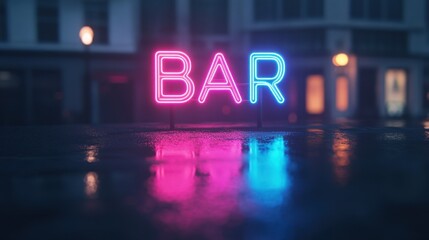 Vibrant Neon Bar Sign Glowing in Rainy Urban Street Setting at Night with Reflections on Wet Pavement Capturing a Lively Atmosphere