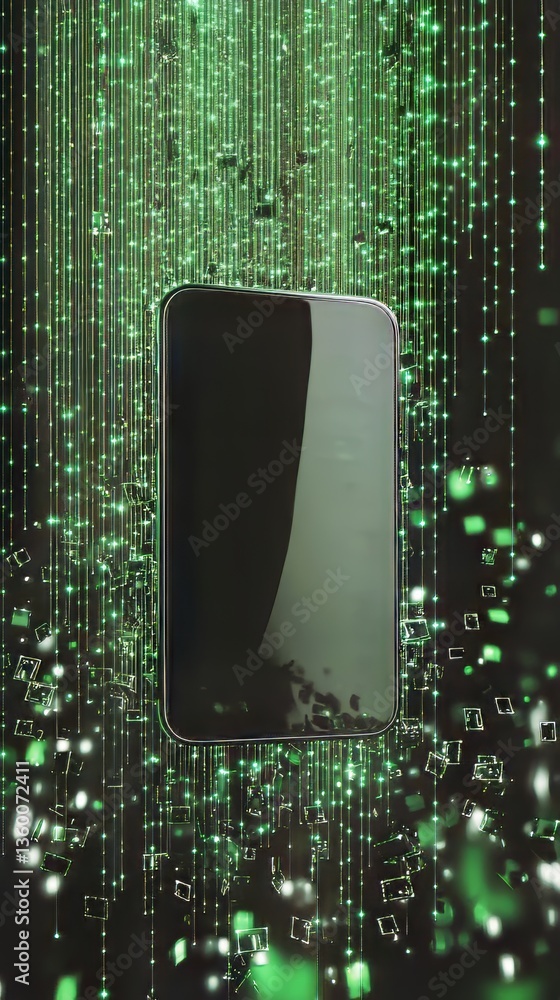 Poster smartphone glows with digital data streams, hinting at connectivity and information technology.