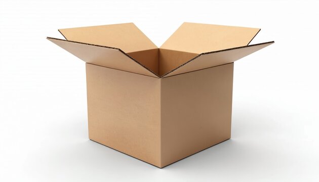 Open cardboard box isolated on white background. Empty cardbox package with opened top flaps. Suitable for product presentation, delivery, shipping, storage concepts.
