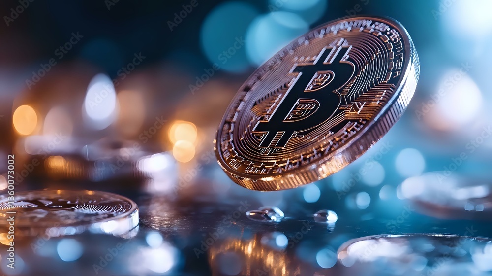 Poster floating golden cryptocurrency coin with bitcoin symbol on blurred bokeh background with water drops