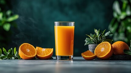 Fresh orange juice in a glass, surrounded by oranges