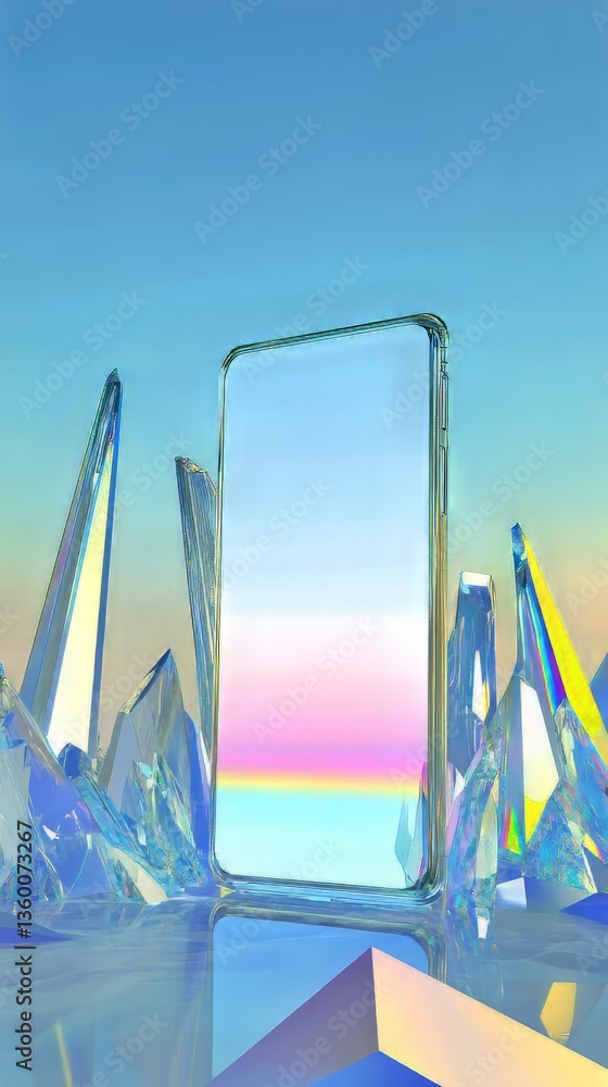 Poster smartphone display reflects sky with prism effects. crystal shards surround device in futuristic set