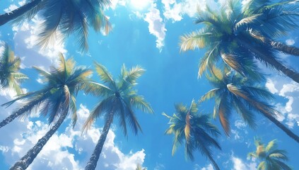 Palm Trees Against Blue Sky and Clouds on Sunny Day in Tropical Paradise Island