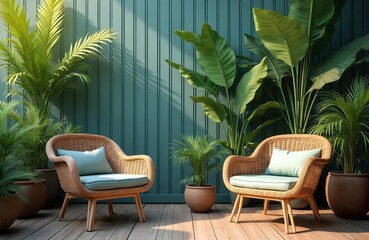 Obraz premium Tropical patio oasis with rattan chairs and vibrant green plants. Teal wooden wall background, wooden flooring. Relaxing garden design with comfortable seating, elegant summer retreat for rest.