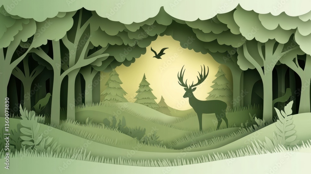 Poster layered paper cut forest with deer and birds in soft green and earthy tones creating a serene and tr