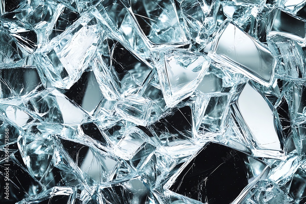 Poster broken glass pieces abstract background with sharp edges reflecting light