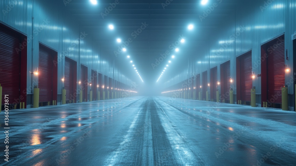 Poster a state of the art cold storage facility features rows of well lit loading bays designed for optimal