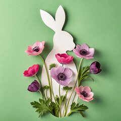 Flat lay photo, top view of a blue and pink Anemona flowers emerges from a cut out outline with a white rabbit on a light green background. Easter concept design.