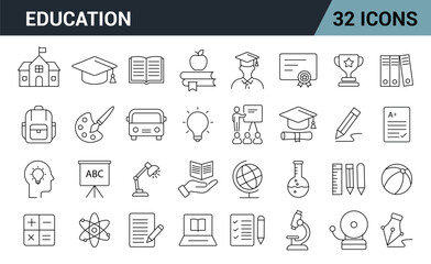 Education Line Editable Icons Set. Includes School, Learning, Online Class, Books, Teaching, Graduation, Study, Knowledge, Academic, Vector Illustration. 