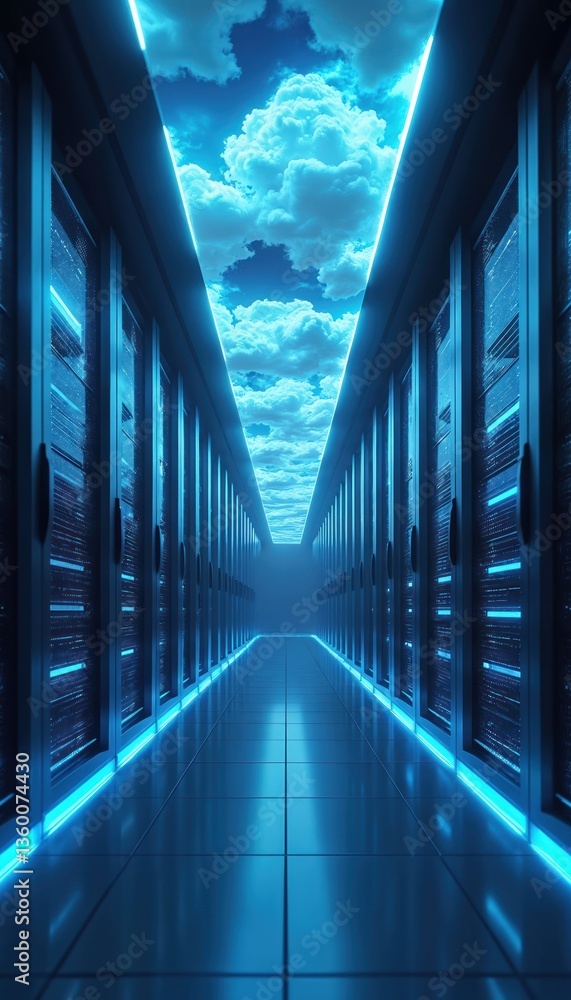 Poster futuristic server room hallway with blue glowing clouds representing cloud computing network. concep