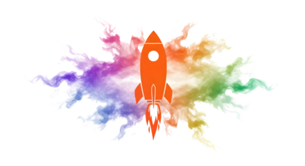 Vibrant Rocket Launching Through Colorful Smoke in Rainbow Hues, Symbolizing Innovation, Dreams, and Ambition in a Creative Visual Design