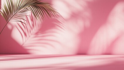 Fototapeta premium Palm leaf casting shadows on a pink wall and floor, creating an abstract backdrop