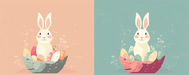 Obraz premium A cheerful easter bunny sits in a basket filled with painted eggs against a pastel backdrop. The banner includes ample space for personalized text, perfect for holiday greetings