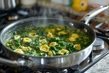Fresh tortellini pasta cooking in clear broth with spinach leaves in stainless steel pan on gas stove, steam rising from homemade Italian soup preparation.