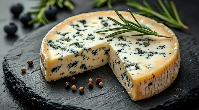 Gourmet blue cheese wheel with cut slice on black slate board, fresh rosemary sprigs and scattered peppercorns create luxurious food composition. - Powered by Adobe