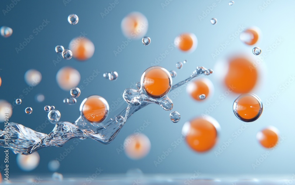 Poster abstract image of translucent orange spheres suspended and splashing in clear water against a soft b