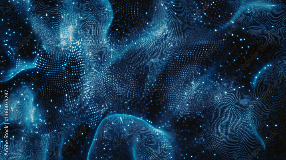Poster a dark blue halftone dotted background illustrating big data patterns, technological visualization, 