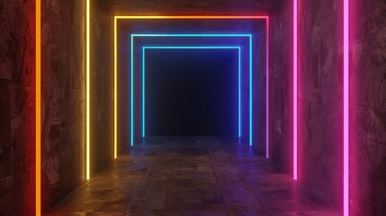 Obraz premium Vibrant neon lights illuminate a futuristic corridor, captivating display of color and design