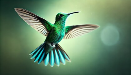 Obraz premium A vibrant close-up image of a green hummingbird in mid-flight, showcasing its iridescent feathers shimmering in shades of green and blue