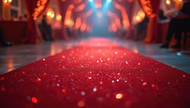 Glamorous red carpet event with lights, bokeh effect creates luxurious atmosphere. Ceremony, premiere night, gala, party celebration. Elegant entrance, VIP, entertainment, occasion. Cinematic festive