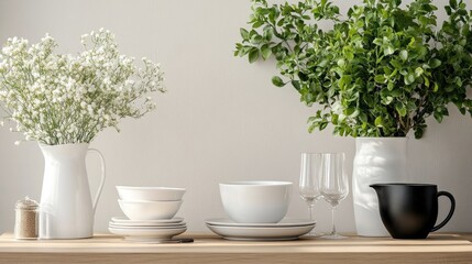 Stylish Kitchen Table Arrangement with Flowers and Tableware