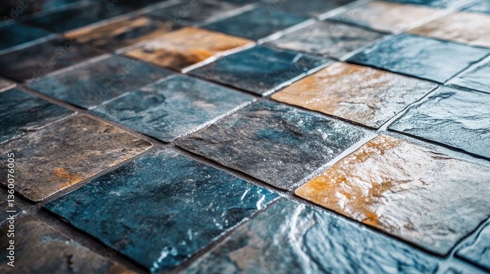Poster close-up view of a textured stone floor showcasing a mix of dark and warm-toned slate tiles in a mod