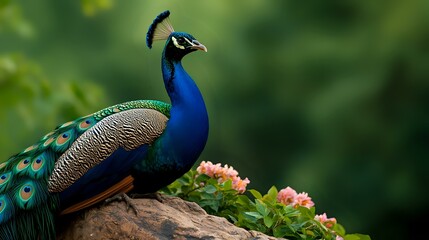 Obraz premium Majestic peacock with vibrant blue plumage perched on rock among pink flowers against blurred green natural background, displaying regal profile and ornate feather patterns.