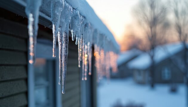 Icicles hang from roof edge, water drips. Winter roofing issue, home damage risk, freeze-thaw cycle, ice dam formation. Cold weather, snow. Prevention maintenance problems.