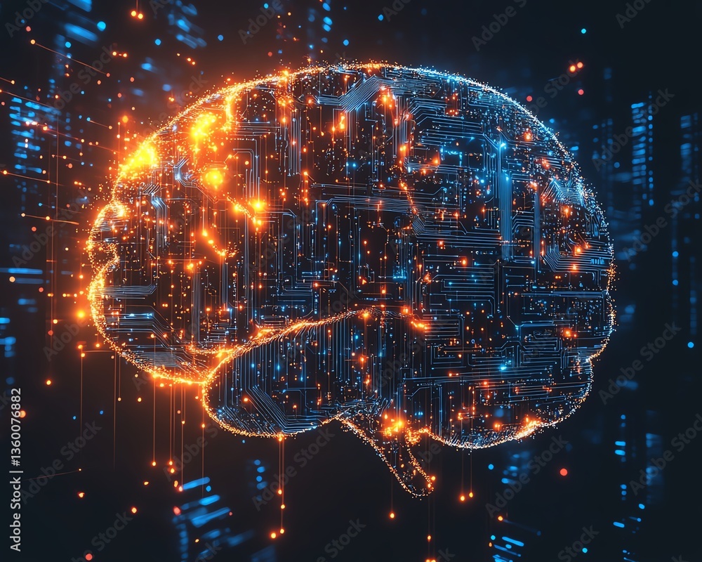 Poster advanced artificial intelligence conceptual illustration featuring a human brain merging with circui