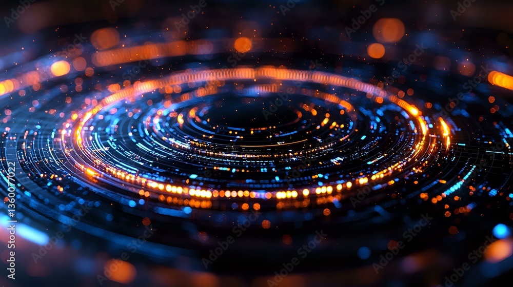 Poster abstract circular light pattern with glowing blue and orange bokeh effects creating spiral motion on