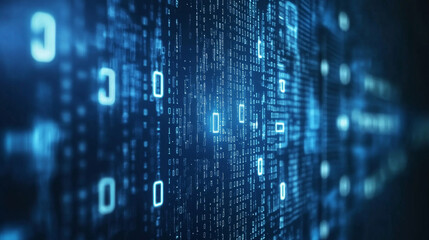 Obraz premium A digital information technology background featuring cybersecurity elements, binary code, and a polygonal network structure on a dark blue backdrop
