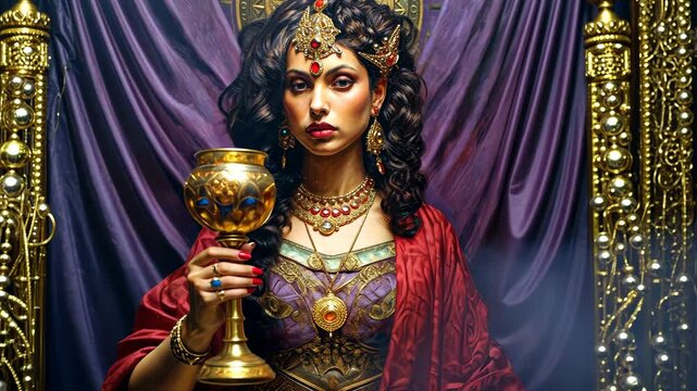 A woman dressed in purple and scarlet holding a golden cup the Biblical Revelation prophecies 4K