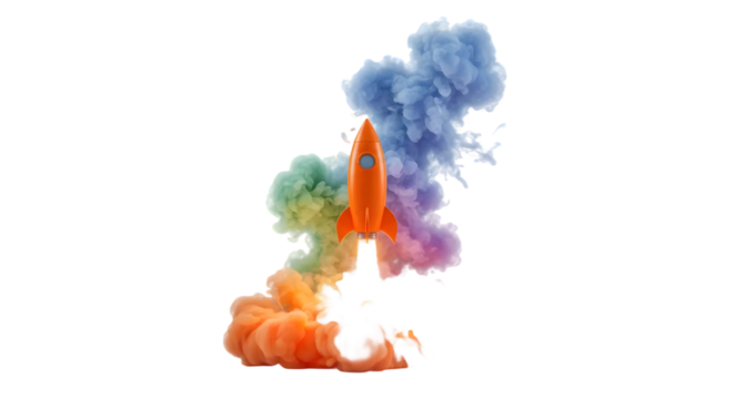 Colorful Rocket Launching into Vibrant Clouds of Smoke Creating a Dynamic and Energetic Scene of Imagination and Adventure